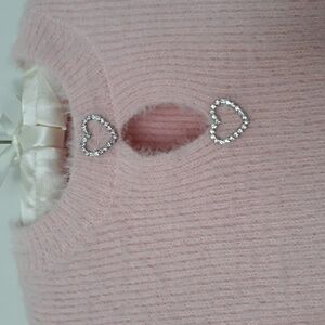 NOBO Pastel Pink Fuzzy Pullover Sweater Soft Cozy NWOT Rhinestones Hearts sz S